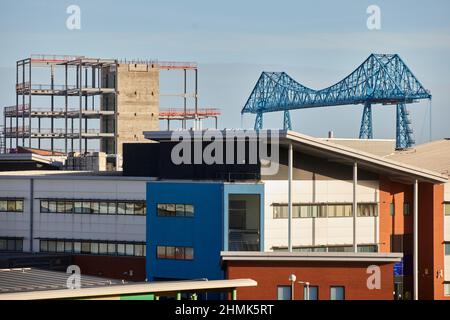 Tees Transporter Bridge, oder Middlesbrough Transporter Bridge, Es ist die am weitesten stromabwärts gelegene Brücke über den Fluss Tees Stockfoto