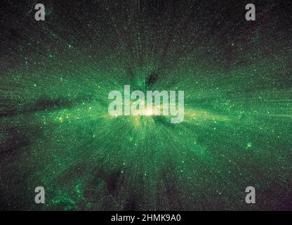 Hintergrund mit Sternen. Abstrakte grüne Schwarzlicht Raum Hyper Farbe - blaue Sterne Nebel Galaxie Stockfoto