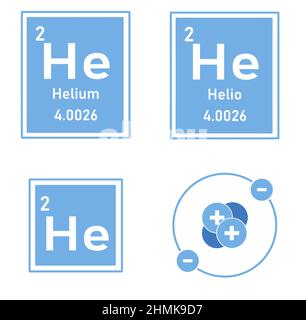 Symbol des Elements Helium des Periodentabels mit Darstellung seines Atoms Stockfoto