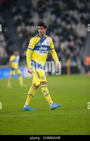 Turin, Italien. 10th. Februar 2022. Alvaro Morata vom FC Juventus während des italienischen Pokals Coppa Italia, des Viertelfinalspiels zwischen Juventus und Sassuolo am 10. Februar 2022 im Allianz-Stadion in Turin, Italien - Foto Nderim Kaceli/DPPI Credit: DPPI Media/Alamy Live News Stockfoto