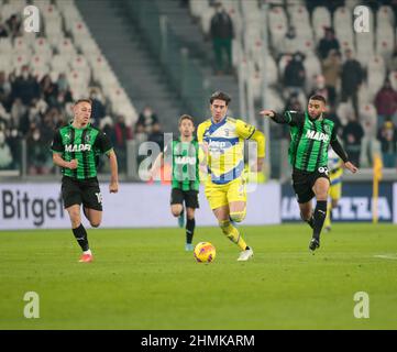 Turin, Italien. 10th. Februar 2022. Dusan Vlahovic vom FC Juventus beim italienischen Pokal Coppa Italia, einem Viertelfinalspiel zwischen Juventus und Sassuolo am 10. Februar 2022 im Allianz-Stadion in Turin, Italien - Foto Nderim Kaceli/DPPI Credit: DPPI Media/Alamy Live News Stockfoto