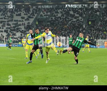 Turin, Italien. 10th. Februar 2022. Dusan Vlahovic vom FC Juventus beim italienischen Pokal Coppa Italia, einem Viertelfinalspiel zwischen Juventus und Sassuolo am 10. Februar 2022 im Allianz-Stadion in Turin, Italien - Foto Nderim Kaceli/DPPI Credit: DPPI Media/Alamy Live News Stockfoto