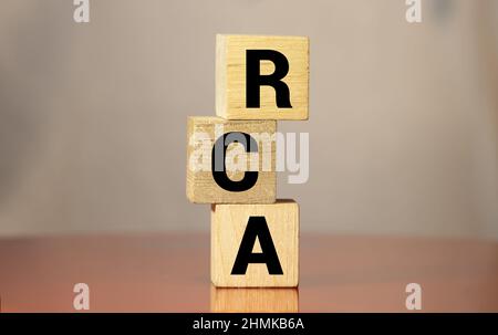 Holzfiguren als Business Team im Kreis um Abkürzung RCA Root Cause Analysis, auf weißem Hintergrund, minimalistisches Konzept Stockfoto