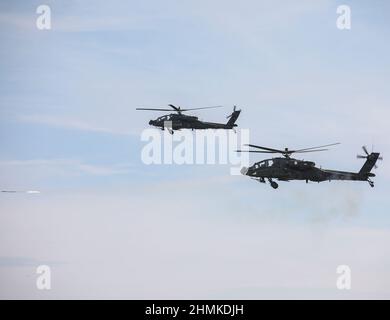 Das Angriffsbataillon 1-10 veranstaltet einen Familientag für die Familien ihres Soldaten und zeigt gleichzeitig ihre Macht. AH-64D-Besatzungen schossen 30mm und Hydra 70 Raketen. (USA Armeefoto von Sgt. Michael Wilson) Stockfoto