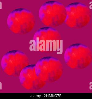 Konfetti, Blasen - Cover Hintergrund nahtlose Muster. Rot-fucsia Aquarell Punkte Kreise isoliert auf rosa Hintergrund 90er-Stil. Design für Hintergründe, Tapeten, Umschläge und Verpackungen, Geschenkpapier. Stockfoto