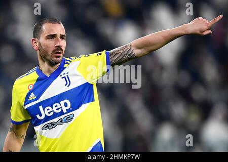 Turin, Italien. 10. Februar 2022. Leonardo Bonucci von Juventus FC zeigt sich beim Fußballspiel Coppa Italia zwischen dem FC Juventus und dem US-amerikanischen Sassuolo. Kredit: Nicolò Campo/Alamy Live Nachrichten Stockfoto