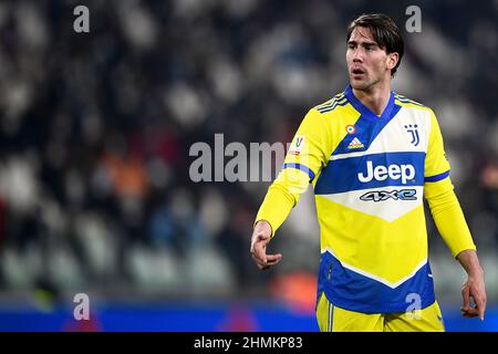 Turin, Italien. 10. Februar 2022. Dusan Vlahovic von Juventus FC zeigt sich während des Fußballspiels von Coppa Italia zwischen dem FC Juventus und dem US-amerikanischen Sassuolo. Kredit: Nicolò Campo/Alamy Live Nachrichten Stockfoto