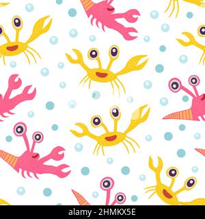 Niedliches nahtloses Muster mit Krabben.Cartoon-Doodle-Druck mit glücklichen Meerestieren für Kinder und Kinderzimmer Textil und Dekor. Stock Vektor