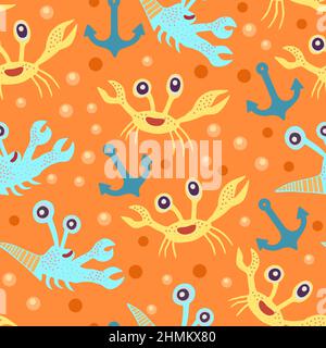 Niedliches nahtloses Muster mit Krabben.Cartoon-Doodle-Druck mit glücklichen Meerestieren für Kinder und Kinderzimmer Textil und Dekor. Stock Vektor