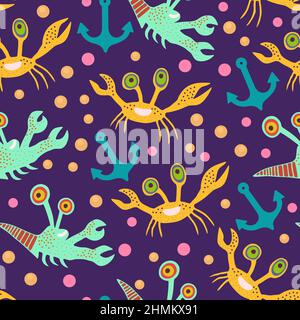 Niedliches nahtloses Muster mit Krabben.Cartoon-Doodle-Druck mit glücklichen Meerestieren für Kinder und Kinderzimmer Textil und Dekor. Stock Vektor