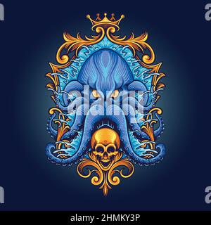 Blaue Kraken mit Goldrahmen Schädel Vektor Illustrationen für Ihre Arbeit Logo, Maskottchen Merchandise T-Shirt, Aufkleber und Label-Designs, Poster Stock Vektor