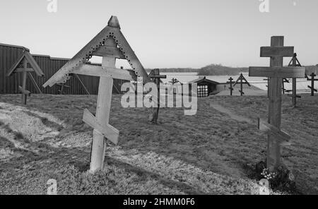 Historische Kizhi Kirche Grabhof in Kizhi, UNESCO-Weltkulturerbe, Onega See, Karelien Republik Stockfoto