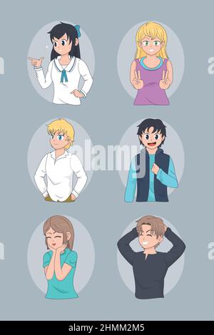 Anime People Symbol auf grauem Hintergrund gesetzt Stock Vektor