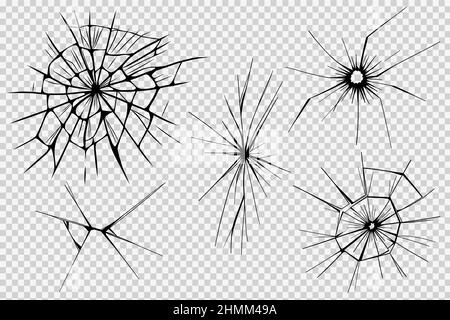 Glasrisse. Gebrochenes Eis. Aufzählungszeichen auf transparenter Oberfläche, elektronisches Display, Fenster. Vektorgrafik. Stock Vektor