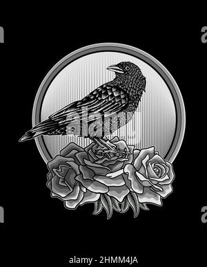 Illustration Krähenvögel mit Rosenblüte Stock Vektor