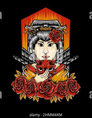Illustration Geisha Frau mit Rosenblüte Stock Vektor
