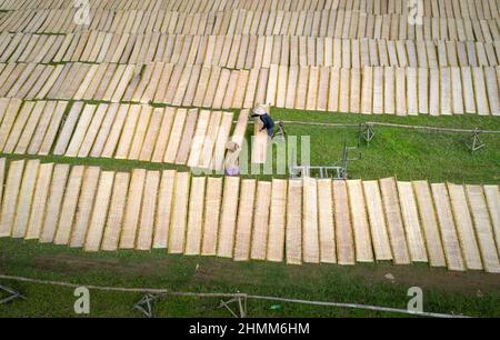 An Nhon Town, Provinz Binh Dinh, Vietnam - 3. Januar 2022: Bauern trocknen auf dem Feld Reispapier, einen Schritt nach der Herstellung von Reispapier in an Nhon Town, Binh Stockfoto