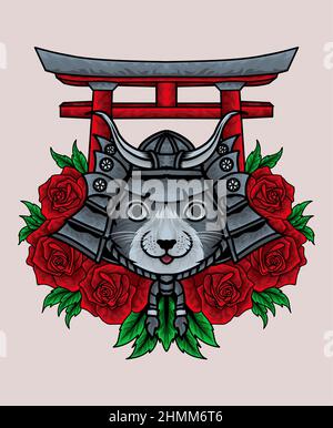 Illustration niedlichen Katzenkopf mit Rosenblüte Stockfoto