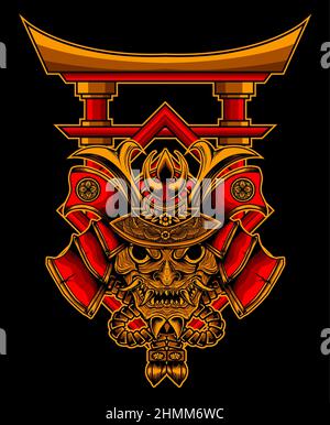 Illustration Samurai Kopf mit Torii Tor Stockfoto