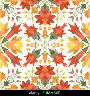 Florales nahtloses Muster mit Mandalas aus Blumen, Beeren und Laub auf weißem Hintergrund. Natürliche Frühlingsstruktur mit stilisierten Blumensträußen-Ornamenten. Stockfoto