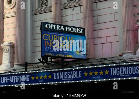 Opernhaus Manchester Theaterfront mit Schild für den neugierigen Vorfall des Hundes in der Nacht Stockfoto