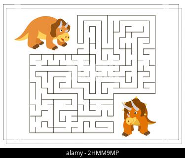 Kinder-Logik-Spiel gehen durch das Labyrinth. Helfen Sie dem Baby Triceratops, um das Labyrinth passieren, Dinosaurier. Vektor auf weißem Hintergrund isoliert Stock Vektor