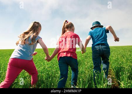 Eine Gruppe von glückliche Kinder von Jungen und Mädchen laufen im Park auf der Wiese an einem sonnigen Sommertag. Das Konzept der ethnischen Freundschaft, Frieden, Freundlichkeit, ch Stockfoto