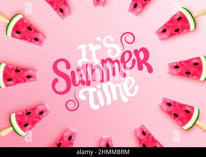 Sommer Obst Vektor Hintergrund Design. Es ist Sommer Zeit Text mit 3D realistische Wassermelone Scheibe in Stick Element für tropische Saison frische Früchte. Stock Vektor