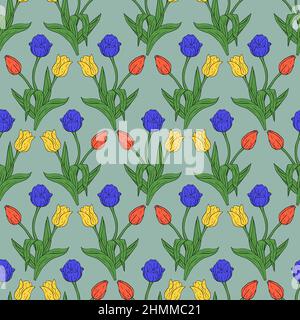 Vintage nahtlose Muster mit roten und gelben Linie Art Tulpen Blumen und Blätter auf blau Stock Vektor