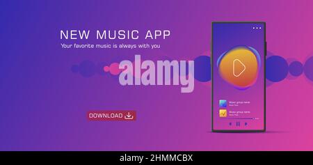 Design der mobilen App für Musik-Streaming. Generische und fiktive Benutzeroberfläche auf einem Smartphone-Display, Promo-Banner für die Anwendung in lila Farben mit Stock Vektor