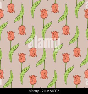 Vintage Nahtloses Muster mit rosa Tulpen Blumen und Blättern auf Weiß Stock Vektor