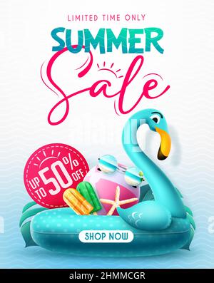 Sommer Verkauf Vektor Poster Design. Sommerangebot Text zeitlich begrenztes Angebot bis zu 50 % Rabatt mit Flamingo-Schwimmern und tropischen Elementen für die Saison. Stock Vektor