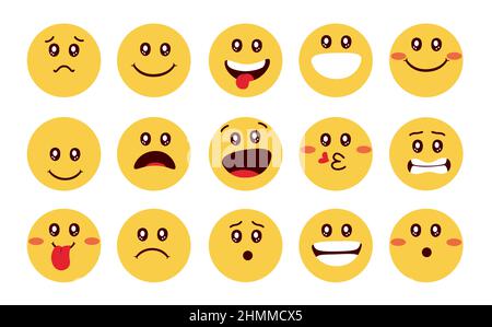 Emoji niedliche Zeichen Vektor-Set-Design. Emoticon flache Emoji Gesichter in kawaii Augen mit glücklichen, lächelnden und errötenden Gesichtern Reaktion auf gelbe Emoticons. Stock Vektor