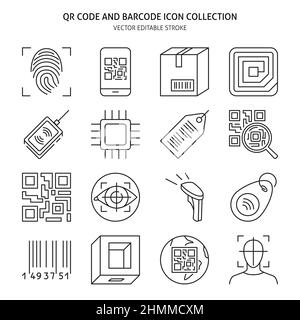 QR-Code und Barcodesymbol im dünnen Linienstil. Sammlung von QRCodes und Identifikationssymbolen. Vektorgrafik. Stock Vektor