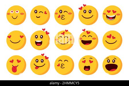 Emoji Love Characters Vektorset. Emojis Emoticon mit Unliebe und Erröten in der Seitenansicht Happy Face Reaktion für valentine Emoticons Kollektion Design. Stock Vektor