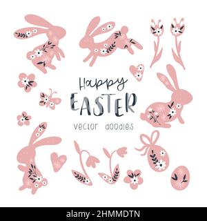 Sammlung von schönen handgezeichneten osterkritzeln, niedlichen handgezeichneten Hasen, Eier, Blumen und Dekoration - Vektor-Design Stock Vektor
