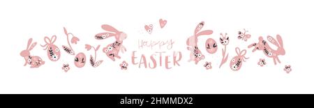 Süßes, handgezeichnetes, horizontales, nahtloses Oster-Muster mit Häschen, Blumen, ostereiern, schönem Hintergrund, ideal für Osterkarten, Banner, Textilien, Stock Vektor