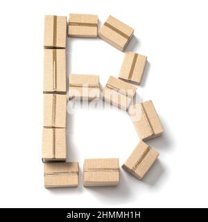 Buchstabe B. Alphabet aus Pappkartons zur Lieferung isoliert auf weißem Hintergrund. Stockfoto