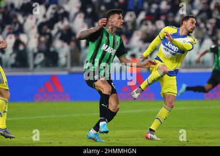 TURIN, ITALIEN. 10. FEBRUAR 2022. Gianluca Scamacca von US Sassuolo während des Italien-Cup-Spiels (Viertelfinale) zwischen Juventus FC und US Sassuolo At All Stockfoto