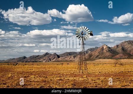 Typische Outback-Landschaft mit einer Windmühle in den Flinders Ranges. Stockfoto