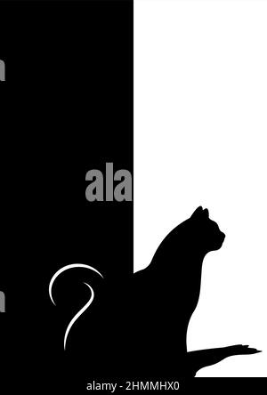 Hausschwarze Katze sitzt an offener Tür. Silhouette der Katze auf weißem Hintergrund. Vertikale Vektordarstellung in Schwarzweiß Stock Vektor