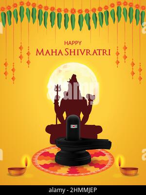 Maha Shivratri mit Shivling, Lingam, Mond, Dekoration, Silhouette, Ringelblume, Mango-Blätter und Mandala. Plakat-Banner Für Das Traditionelle Hindu-Festival Stock Vektor