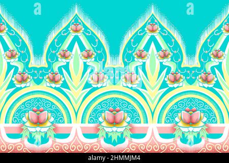 Gelb, Grün, Rosa Blume auf blauem Teal. Geometrisches ethnisches orientalisches Muster Traditionelles Design für Hintergrund, Teppich, Tapete, Kleidung, Verpackung, Batik, Stockfoto