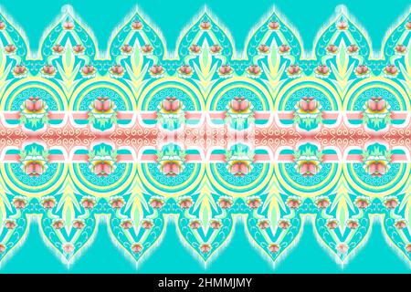 Gelb, Grün, Rosa Blume auf blauem Teal. Geometrisches ethnisches orientalisches Muster Traditionelles Design für Hintergrund, Teppich, Tapete, Kleidung, Verpackung, Batik, Stockfoto