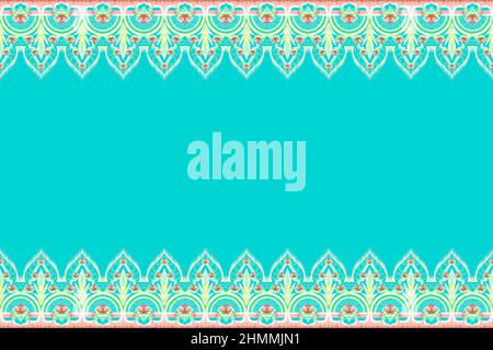 Gelb, Grün, Rosa Blume auf blauem Teal. Geometrisches ethnisches orientalisches Muster Traditionelles Design für Hintergrund, Teppich, Tapete, Kleidung, Verpackung, Batik, Stockfoto