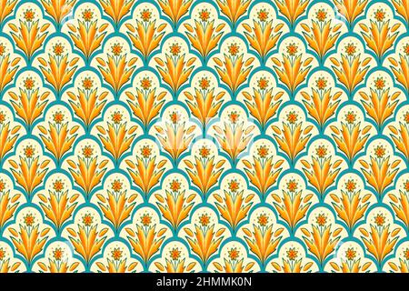 Gelb, grünes Teal auf Elfenbein. Geometrische ethnische orientalische Muster traditionelle Design für Hintergrund, Teppich, Tapete, Kleidung, Verpackung, Batik, Stoff, illu Stockfoto