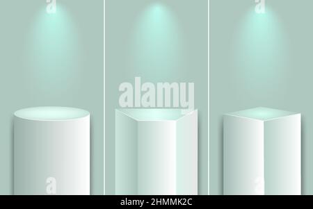 Realistisches Würfelpodium, 3D Ausstellungsdisplays. Galerie geometrische leere Produktständer. Der Scheinwerfer beleuchtet den Vektorsatz des Sockels Stock Vektor