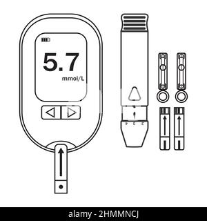 Satz von Symbolen mit dem Blutzuckermessgerät Insulin-Stift-Spritze isolierte Vektordarstellung Kontur. Stock Vektor