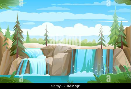 See und Pinien. Landschaft mit Wasserfall zwischen Felsen. Kaskade schimmert nach unten. Fließendes Wasser. Schöner Cartoon-Stil. Flaches Design. Vektor. Stock Vektor