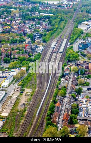 Luftaufnahme, Gelsenkirchen Hauptbahnhof, Neustadt, Gelsenkirchen, Ruhrgebiet, Nordrhein-Westfalen, Deutschland, Bahngleise, Bahnhof, DE, Deutsche Ba Stockfoto